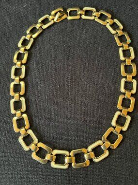 Vintage Signed MONET Gold Tone White Enamel Flat Square Link Choker Chain Neckla
